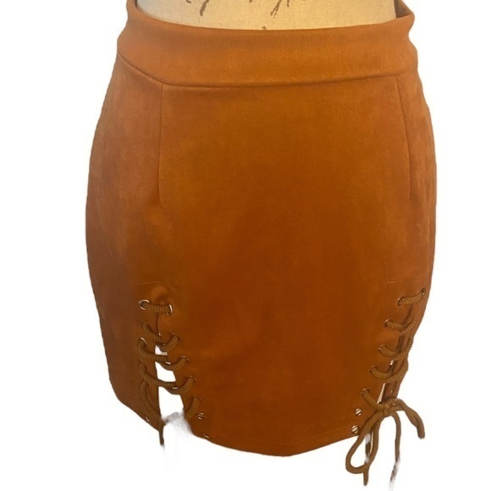 Tan Lace Up Suedette Mini Skirt Size M